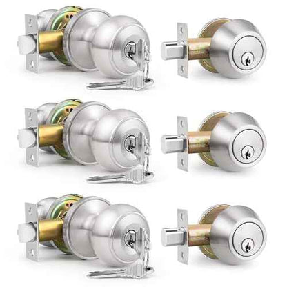 3 Pack Keyed Alike Front Door Knob and Deadbolt Set, Entry Door Locksets with Single Cylinder Deadbolt, Satin Nickel Flat Round Door Lock Set for Bedroom/Office/Exterior Doors