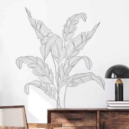 Supzone Simple Tropical Plants Wall Stickers - Black and White Sketch Palm Leaves Decals, Minimalist Line Art Decor for Bedroom, Living Room, Kitchen, Sofa, TV Backdrop Decoration