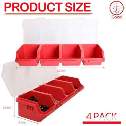 4 Pcs Screw Organizers, Stackable Bins with Lids Plastic Hardware Organizer Box with Compartment Bolt Organizer Plastic Divided Storage Containers for Garage Tools Nails Small Parts (RED)