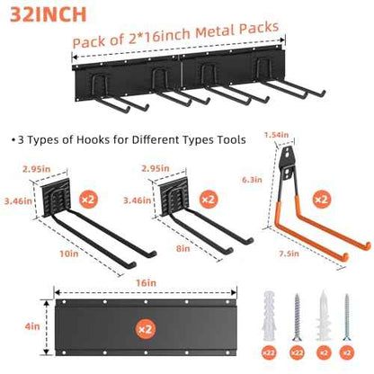 Garage Storage, Ultimate Wall-Mounted Garage Organizer for Men 32Inch, Heavy Duty 330lbs Tool Rack with Adjustable Metal Hooks Yard, Shed & Workshop Storage for Tools, Bikes, Snowboards Gift
