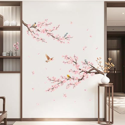 Pink Cherry Blossom Branch Wall Decals, Flowers Birds Wall Stickers Vinyl Peel and Stick Wall Decal Self Adhesive Wall Art Sticker for Aisle Bedroom Offices Sofa TV Backdrop Wall Home Decor