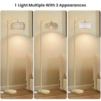 Arc Floor Lamp for Living Room,Farmhouse Floor Lamps with Remote Control & Dimmable Bulb,Gold Boho Rattan Tall Standing Lamp for Bedroom Office
