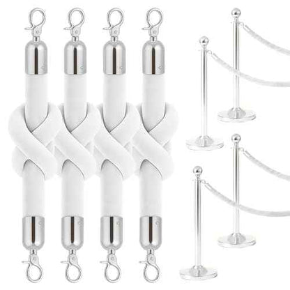 4PCS White Velvet Rope 5FT ? Soft Velvet Ropes with Silver Snap Ends Stanchion Set for VIP Rope Barrier Event Crowd Control