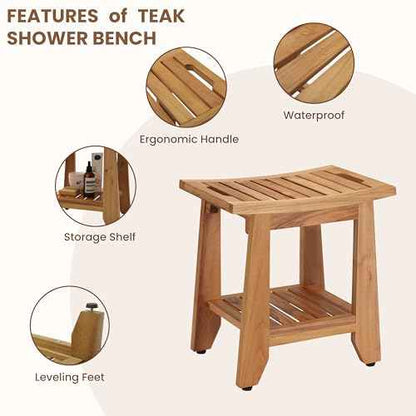 Teak Shower Bench Stool, 14'' Compact Waterproof Wood Spa Bath Bench with Storage Shelf & Handle, Non-Slip Solid Teak Shower Seat Chair for Small Bathrooms Inside Shower and Outdoor Use