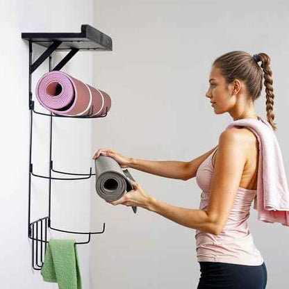 Olivia and Lily Wall-Mounted Yoga Mat Rack with black wood shelf - Organizer for Yoga Mats, Resistance Bands, and Accessories - Home Gym Storage Solution