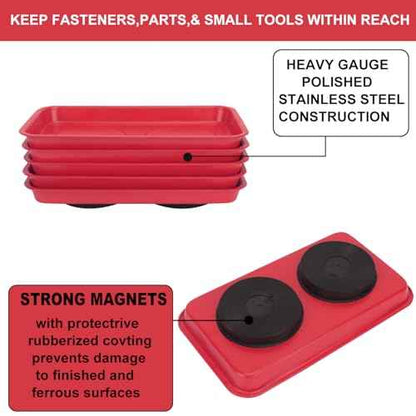5 PCS Magnetic Trays, 9.4X5.5x1.4Inch, Magnet Tool Tray, Magnetic Parts Tray, Red, by GENHAKON