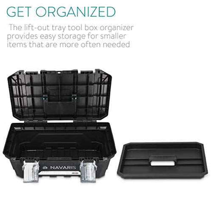 Navaris Tool Box 16 Inch - 40cm Rugged Plastic Multi-Purpose Toolbox Case with Lift-Out Organizer Tray to Store and Transport Tools - 2 Latches