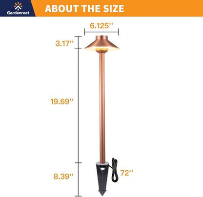 Gardenreet Brass Copper Low Voltage Path Lights, Landscape Pathway Light, 12V LED Outdoor Bronze Hat Top Walkway Lamp for Driveway Yard Garden with 3W 270LM 5000K G4 Bulb 4 Pack