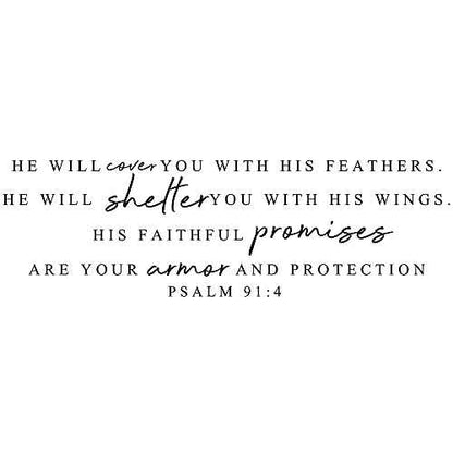 Scripture Wall Decal Stickers, Christian Bible Verse Quotes Vinyl Scripture Decal (27''¡¿10'') - He Will Cover You, Shelter You with His Faithful Promises- Psalm 91:4, for Bedroom, Living Room