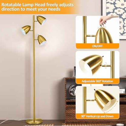 Tree Floor Lamp with 3 Light Bulbs Standing Tall Pole Lamps with Adjustable Metal Heads 65"Reading Stand up Lamps with E26 Base Modern Floor Lamps for Living Rooms, Bedrooms, Home, Office(Gold)