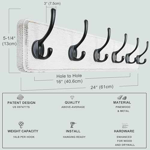 Dseap Coat Rack Wall: 24" Long, Patented, Heavy-Duty, 6-Double-Hooks Wooden Wall Mounted Coat Rack Coat Hanger Hook Rail for Winter Coats Hat Jacket Clothing, White & Black