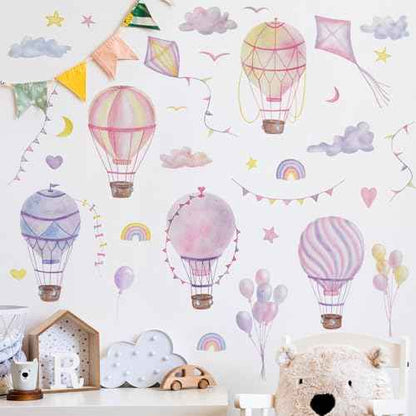 Large Hot Air Balloon Wall Decals Stars Clouds Balloon Vinyl Wall Stickers Colorful Kites Rainbow Wall Art Stickers for Kids Baby Nursery Bedroom