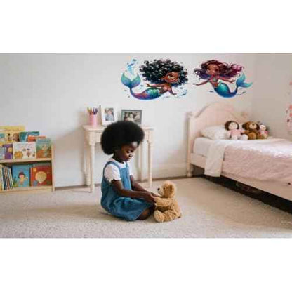 Black Mermaid Wall Decals, African American Girl Bedroom Wall Stickers,Waterproof Vinyl Removable Wall Decor for Black Baby Girl Nursery Kids Teens Room Home