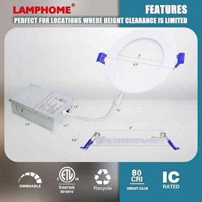 LAMPHOME 12-Pack of 4-Inch Slim LED Recessed Lights with Junction Box, Adjustable Color Temperatures (2700K-5000K), 9W Equivalent to 75W, Dimmable, 950LM Brightness - ETL and Energy Star Certified