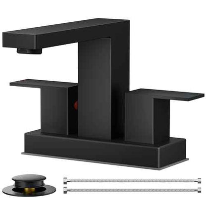 FORIOUS Black Bathroom Faucet Centerset 2 Hole, Square 4 Inch Matte Black Centerset Bathroom Sink Faucet 2 Handle with Metal Pop Up Drain, 24" CUPC Hose and Spare Water Saving Aerator