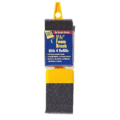 FoamPRO 715-4, 1 1/2" Foam Brush w/ 4 Refills - Premium Quality Paint Brush Set for All Paints, Urethanes, Varnishes, Stains - Effortless Application Foam Brushes- Smooth Finish, Reusable Handles