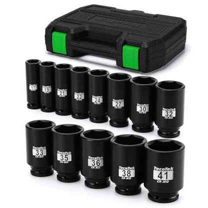 1/2" Drive Deep 6-Point Impact Socket Set, 13-Piece Spindle Axle Nut Impact Socket Set, Cr-Mo, Metric (17mm to 41mm), Enhanced Storage Case