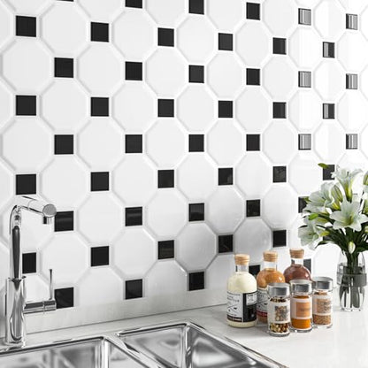 LaCheery 12"x12" Black and White Peel and Stick Backsplash for Bathroom Kitchen Backsplash Tiles Peel and Stick Octagon Peel and Stick Backsplash Tile Waterproof Wall Tiles Sticker Back Splash 4 Tiles