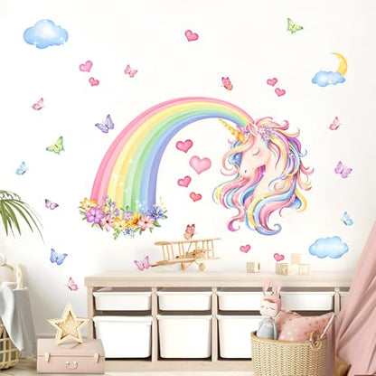 Rainbow Unicorn Wall Decals Rainbow Flowers Butterflies Clouds Hearts Unicorn Wall Stickers Baby Nursery Girls Bedroom Daycare Wall Decor