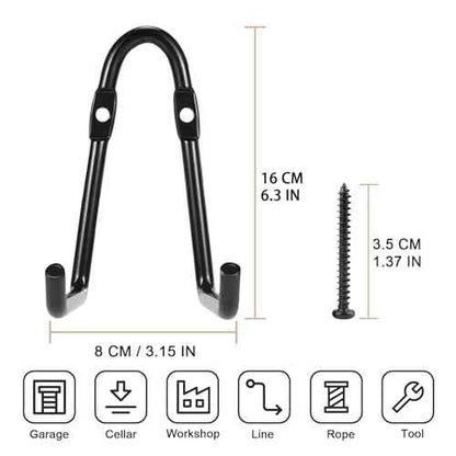 Set of 6 Garage Wall Hooks, Wall Metal Hooks, Double Hooks, Black, Double Garage Hooks for Organizing Ropes, Chairs, Hoses (Model 1)