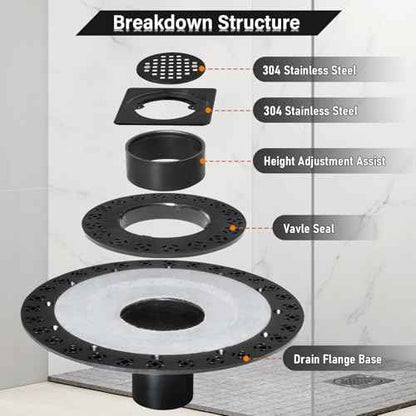 Shower Drain Kit 2 Inch Integrated Shower Flange Kit Compatible with Schluter Systems Kerdi Drain, ABS Shower Drain Base Flange with 304 Stainless Steel 4'' Drain Grate and Waterproof Seals