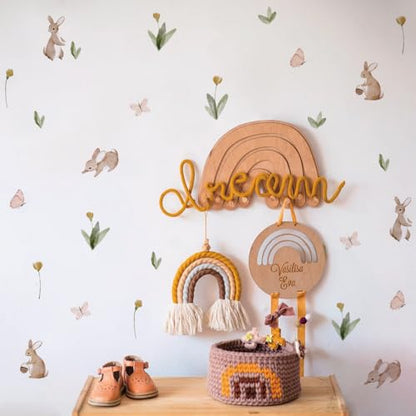 Summertime Watercolor Cute Bunnies and Flowers Nursery Wall Decal, Peel and Stick Reusable and Removable Kids Wall Stickers