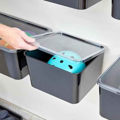 iDesign Storage Bin with Lid & Wall Mount Bracket, The Wallspace Collection ? 12" x 12" x 8", Clear Bin