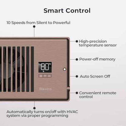 Quiet Register Booster Fan Fits 4" x 12" Register Holes, 10-Speed Smart Heating Cooling AC Vent Fan with Remote Control and Thermostat Control - Bronze