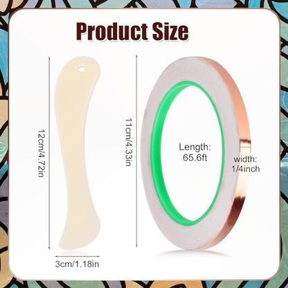 2pcs Copper Foil Tape Kit for Stained Glass, 1/4"x65.6 Feet Double-Sided Adhesive Conductive Tape with Plastic Scraper Supplies for EMI Shielding Electrical Repair Guitar Muffling