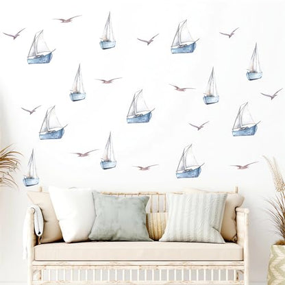6 Sheets 48 Pcs Blue Sailboats Gulls Ins Style Wall Stickers, sacinora Travel Adventure Wanderlust Sailboat Nautical DIY Wall Decals Removable Vinyl Peel and Stick for Nursery Bedroom Playroom Decor