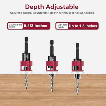 Countersink Drill Bit Set - Countersink Drill Bit with Low Friction Depth Stop, Replaceable HSS M2 Tapered Bits, Carbide Drill Bits 1/4¡± Hex Shank for Woodworking Tools & Hand Tools
