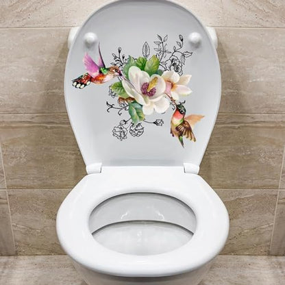 Birds Flowers Butterfly Toilet-Floral Birds Butterfly Toilet Seat Decals-DIY Removable Waterproof Toilet Sticker-Seat Lid Stickers Self-Adhesive Bathroom Wall Sticker for Cistern Decor 11.8x11.8in