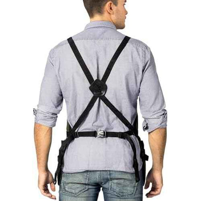 Under NY Sky Tool Apron - 20 Pockets and Slots, Cross-Back, Heavy-Duty Waxed Canvas - Woodwork, Garden, Shop (Green Cross-Back)