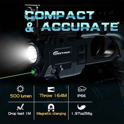 500 Lumens Tactical Weapon Flashlights Laser Sight - Rail-Mounted Light and Green Laser Light Combo for Pistol with Picatinny Rail and GL Rails - Magnetic Charging Port