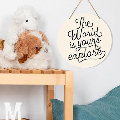 Muktoujaumai Nursery Wall Decor, Adventure Nursery Hanging Sign Decor Kids Room Wall Decoration Wood Sign for Playroom, Toddler Room, Toy Room, Classroom, The World Is Yours to Explore