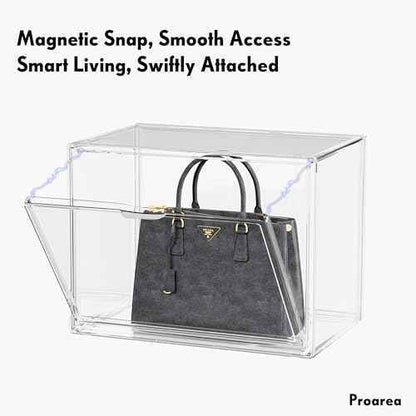 Purse Organizer for Closet, Clear Acrylic Display Case for Handbag Organizer, Stackable Purse Storage Box with Magnetic Door, Plastic Holder Containers for Book, Collectibles, Cosmetic 3 Pack