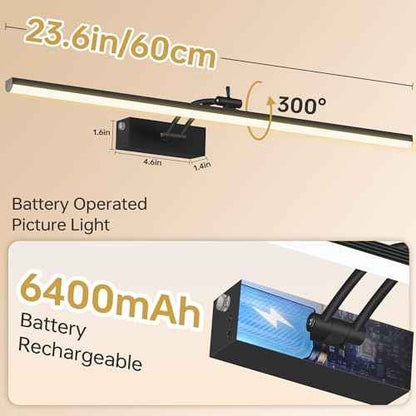 23.6 Inch Picture Light for Wall, 2 Pack 6400mAh Rechargeable Battery Operated Picture Lights, Cordless with Remote Gallery Light for Wall Pictures, Paintings, Artwork, Poster, Dartboards (Black)