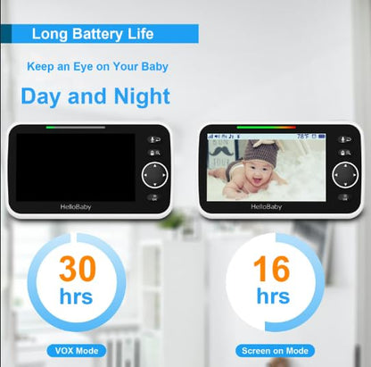 HelloBaby No WiFi Baby Monitor 5" Screen 30-Hour Battery Pan-Tilt-Zoom Video Upgrade with Camera and Audio, Night Vision, VOX, 2-Way Talk, 8 Lullabies and 1000ft Range, HB6550
