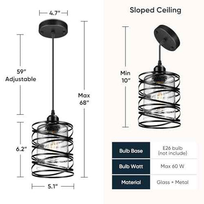 Pendant Lights 3 Pack Kitchen Lights with Bubble Seeded Glass Island Lights Black Hanging Light for Kitchen, Dining Room, Bathroom, Entryway, Restaurant