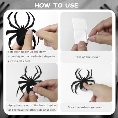 72Pcs Spider Stickers Decorations Black 3D Spider Decals for Wall Window Door Indoor Home Party Classroom Office Decor
