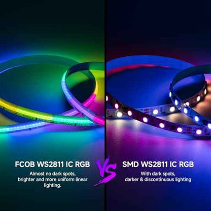 BTF-LIGHTING FCOB IP66 WS2811 IC RGB COB LED Strip 864LED/m Flexible High Density Color Chasing Uniform Light DC24V 24FT 24IC/m 12mm Width for DIY Lighting Projects(No Adapter or Controller)