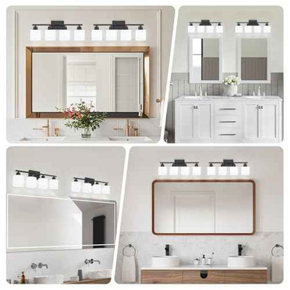 4-Light Black Bathroom Vanity Light, Light Fixtures with Milky White Frosted Glass Shades, Black Vanity Light for Bathroom Mirror, Bedroom, Living Room, Vanity Table, E26 Base