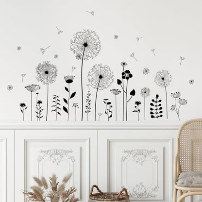 Supzone Black Dandelion Wall Stickers Attractive Flying Flower Butterfly Wall Decals Peel and Stick Creative Self Adhesive Wall Art Sticker for Bedroom Living Room Office Sofa Wall Decor