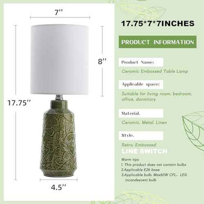 Ceramic Table Lamp Set of 2, 18" Modern Farmhouse Bedside Lamps with Leaf Pattern & White Linen Shade, Nightstand Lamps with Inline ON/Off Switch for Living Room, Bedroom, Dining Room