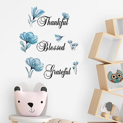 ADECALS Thankful Grateful Blessed Motivational Wall Sticker Blue Flower Butterfly Peel and Stick Wall Art Decor Home Famiy Inspirational Stickers Decor Quotes