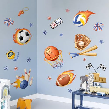 3D Sports Wall Decals, Basketball Soccer Football Wall Stickers Ball Games Peel and Stick Decal Self Adhesive Sticker for Boys Nursery Kids Room Home Decor