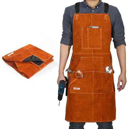 QeeLink Leather Welding Work Apron with 6 Tool Pockets, Heat & Flame Resistant Aprons, 24" x 36", Adjustable M to XXXL