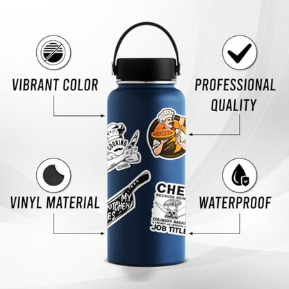 50 Pack Pcs Chef Stickers for Water Bottles Waterproof Vinyl Laptop Luggage Scrapbooking Funny Cooking Themed Sticker Packs Bulk Set Teens Adults Girls Kids Aesthetic Small Decals