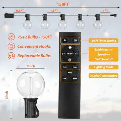 150FT LED Outdoor String Lights with 3 Color Lights, Dimmable String Lights for Outside with Remote, G40 Globe Waterproof Patio Lights with 75+2 Shatterproof Bulbs for Party Backyard BBQ House Camping