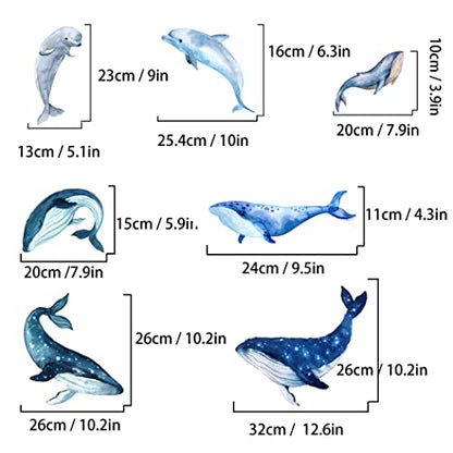 Giant 5 Sets Blue Whale Wall Decals and 2 Sets Jumping Blue Dolphin Wall Stickers Peel and Stick Wallpaper Wall Art Mural Decor for Kids Teens Bedroom Home Office Dorm Party Nursery